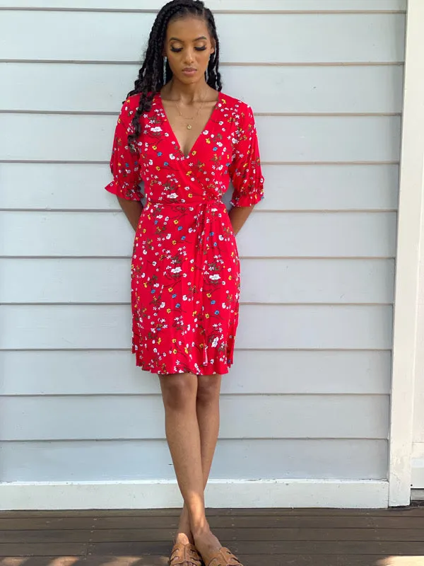 Cara Red Floral Short Wrap Dress sold by All the Wild Roses product image thumbnail 5