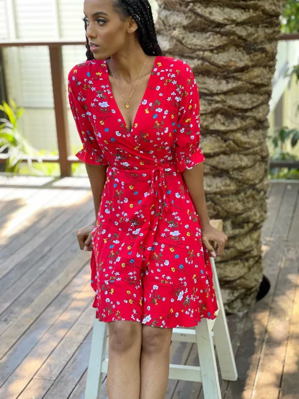 Cara Red Floral Short Wrap Dress sold by All the Wild Roses