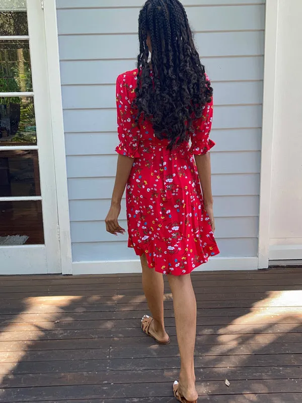 Cara Red Floral Short Wrap Dress sold by All the Wild Roses product image thumbnail 2
