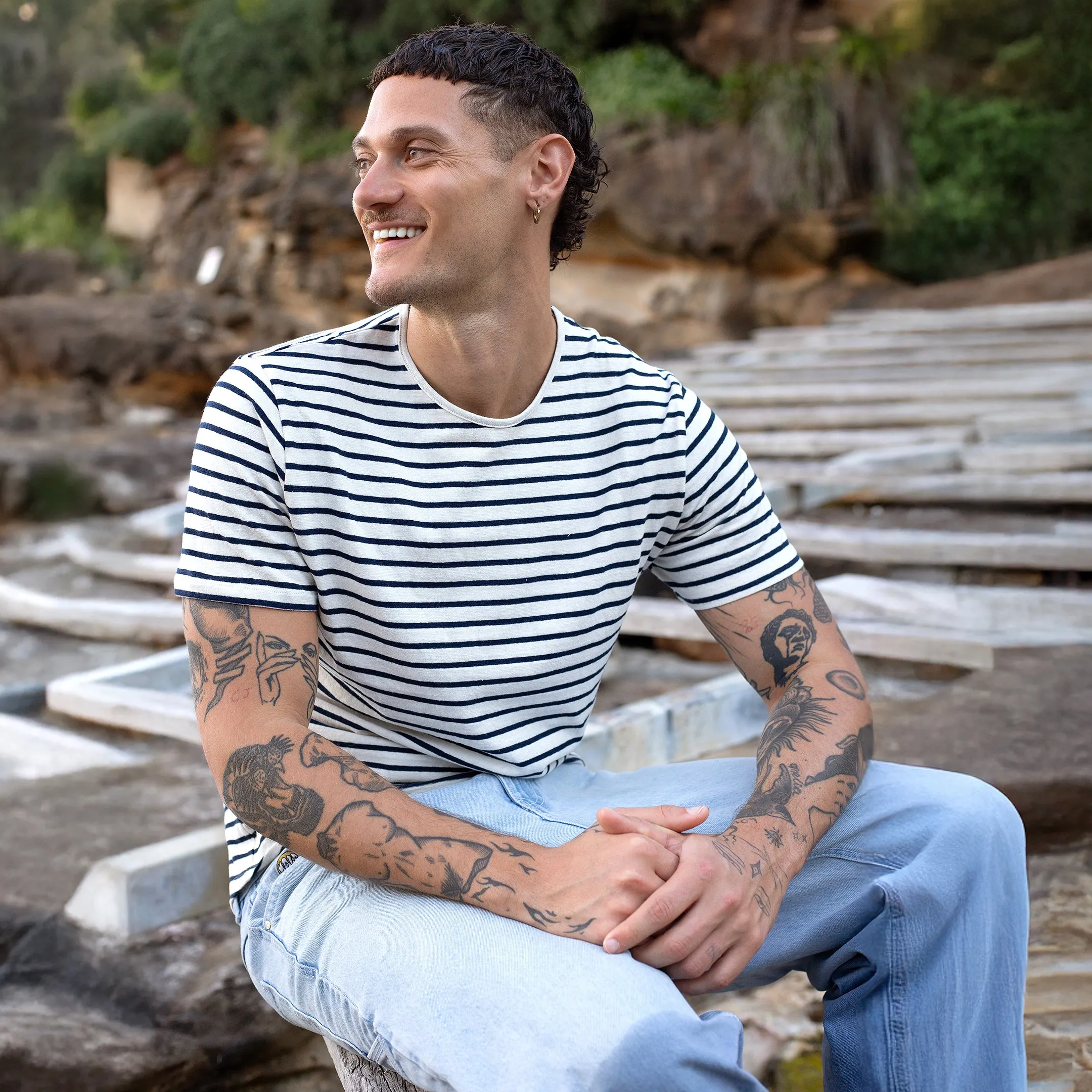 Off-White / Navy Stripe Hemp Tee sold by Citizen Wolf