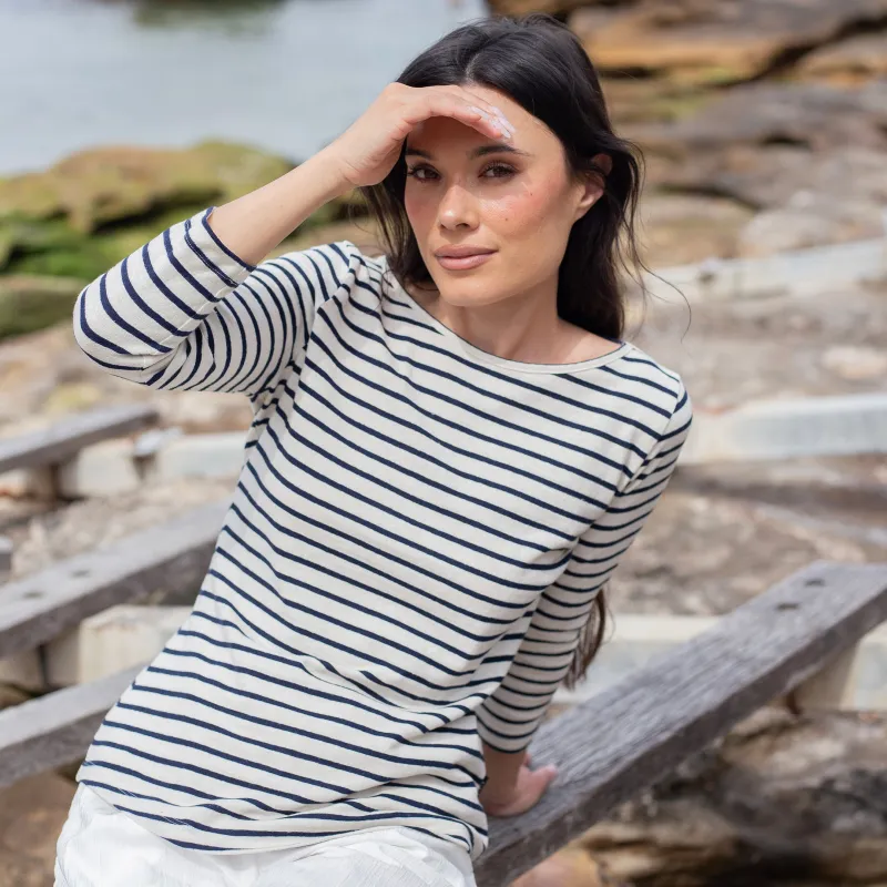 Off-White / Navy Stripe Hemp Tee sold by Citizen Wolf