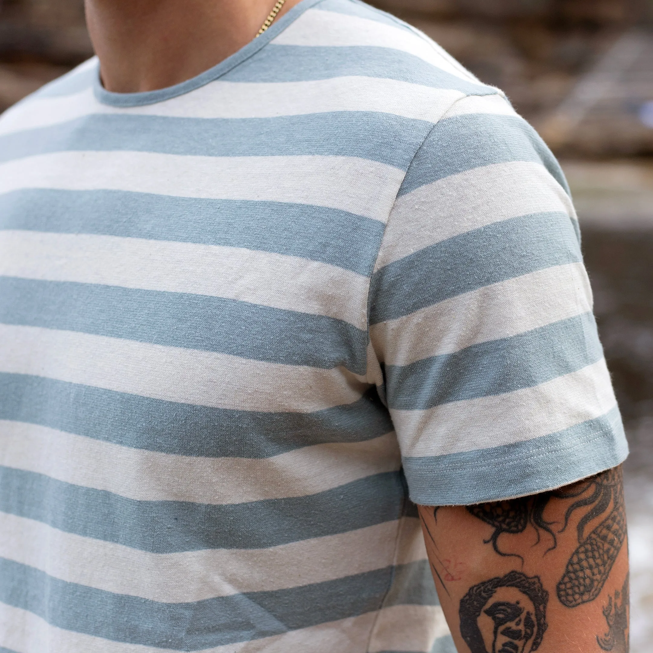 Pastel Blue / White Awning Stripe Hemp Tee sold by Citizen Wolf product image thumbnail 2