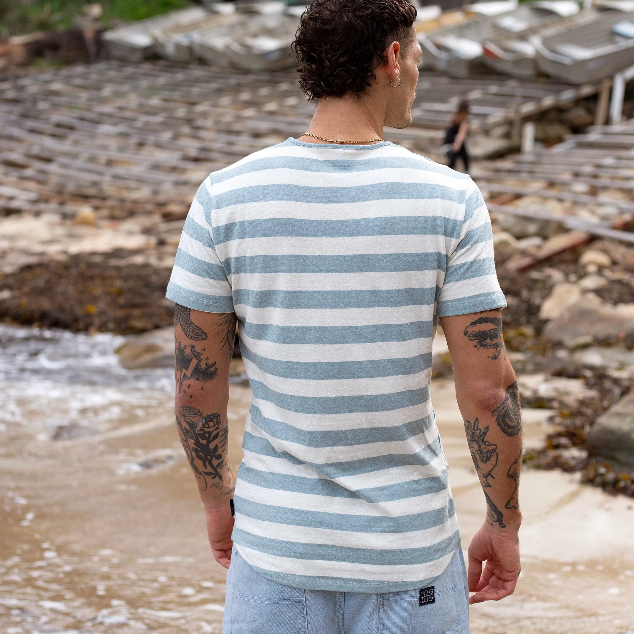 Pastel Blue / White Awning Stripe Hemp Tee sold by Citizen Wolf product image thumbnail 3
