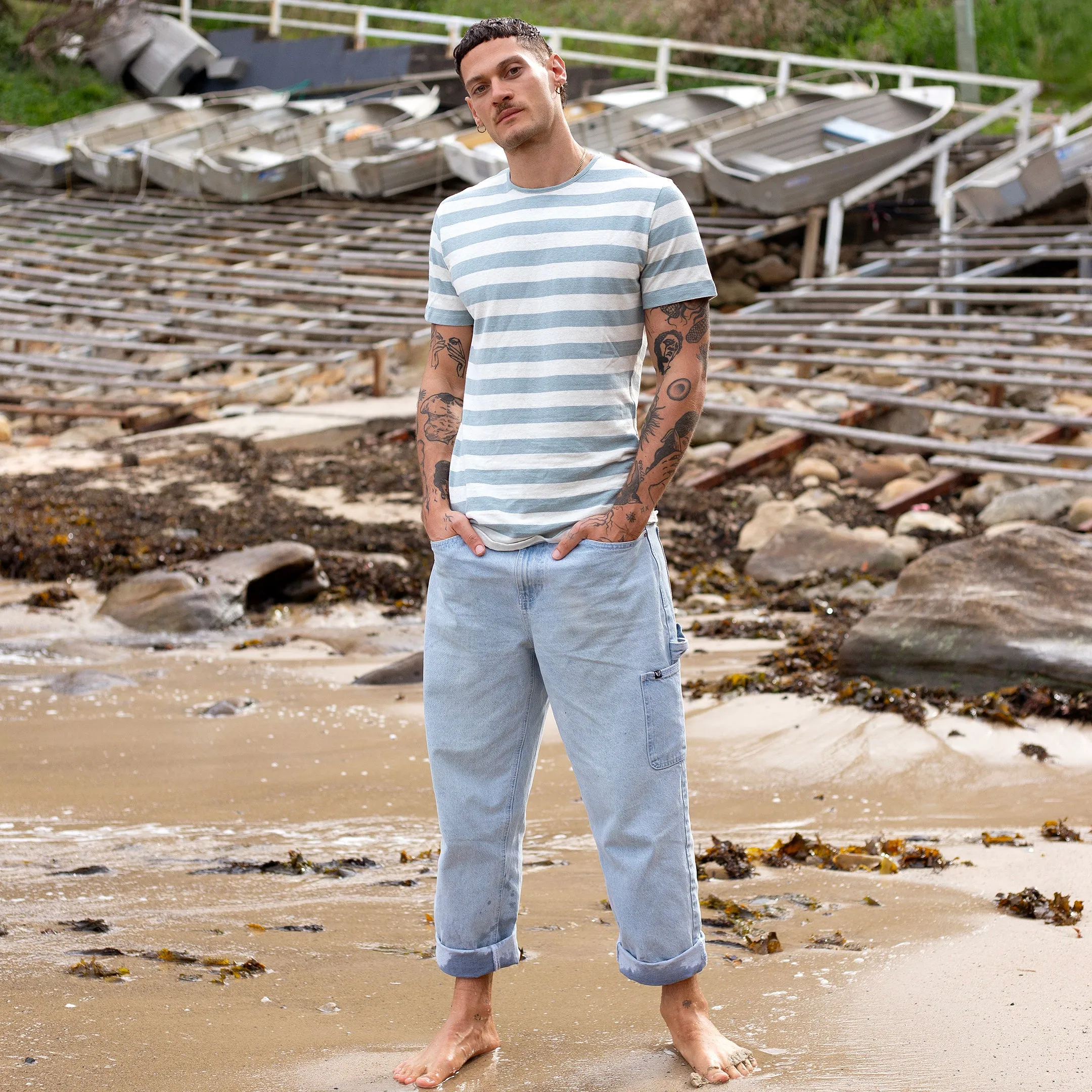 Pastel Blue / White Awning Stripe Hemp Tee sold by Citizen Wolf product image thumbnail 4