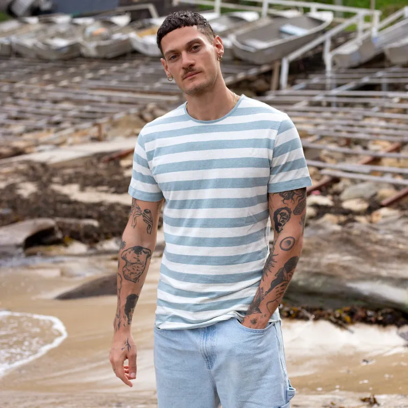 Pastel Blue / White Awning Stripe Hemp Tee sold by Citizen Wolf
