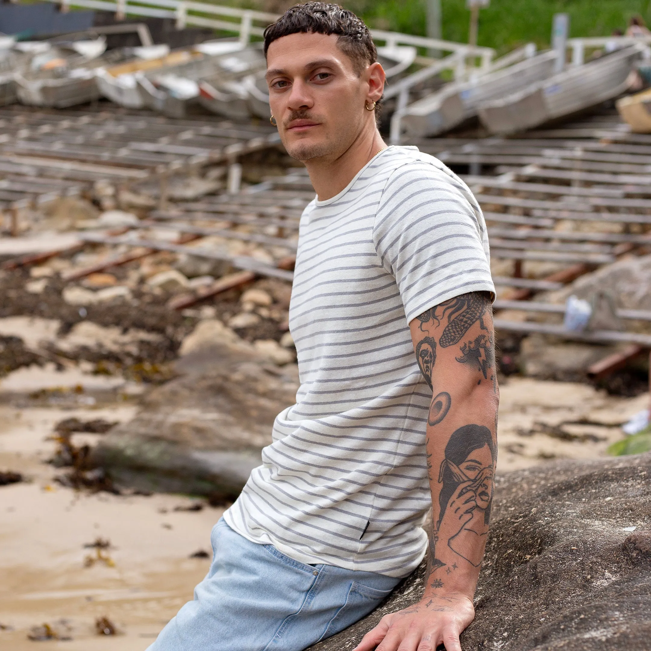 Off-White / Grey Stripe Hemp Tee sold by Citizen Wolf product image thumbnail 4