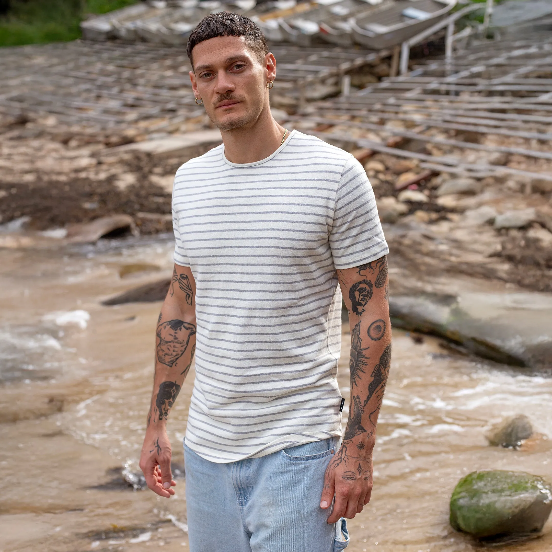 Off-White / Grey Stripe Hemp Tee sold by Citizen Wolf