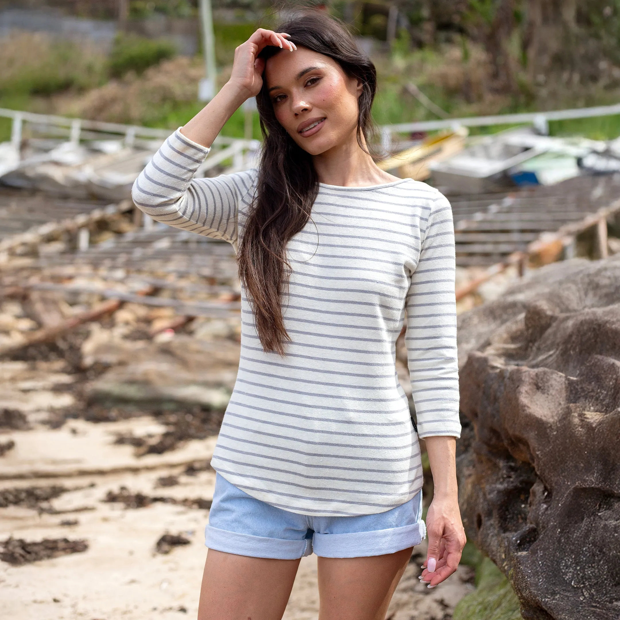 Off-White / Grey Stripe Hemp Tee sold by Citizen Wolf