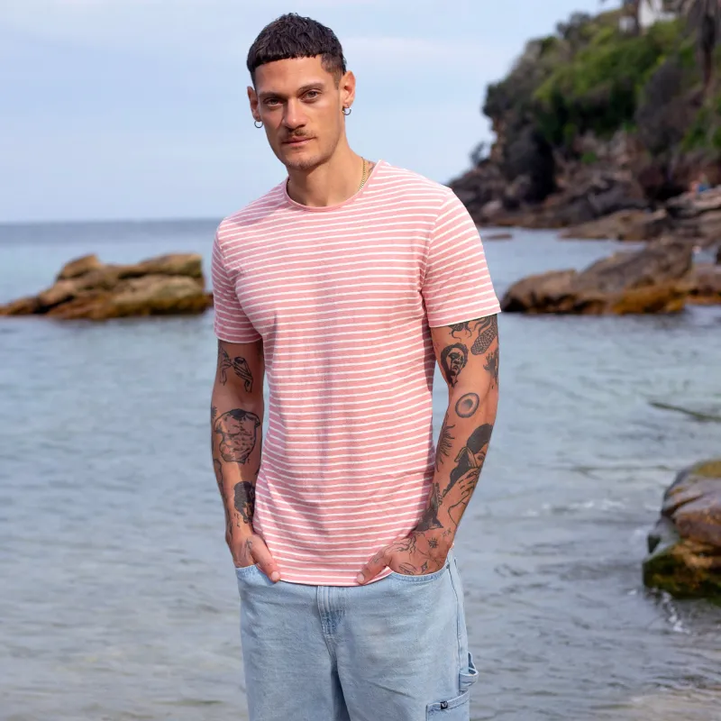 Rosé / White Reverse Stripe Hemp Tee sold by Citizen Wolf