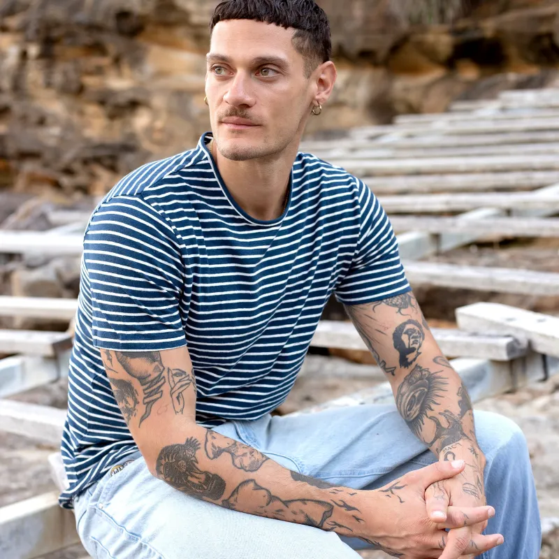Navy / White Reverse Stripe Hemp Tee sold by Citizen Wolf