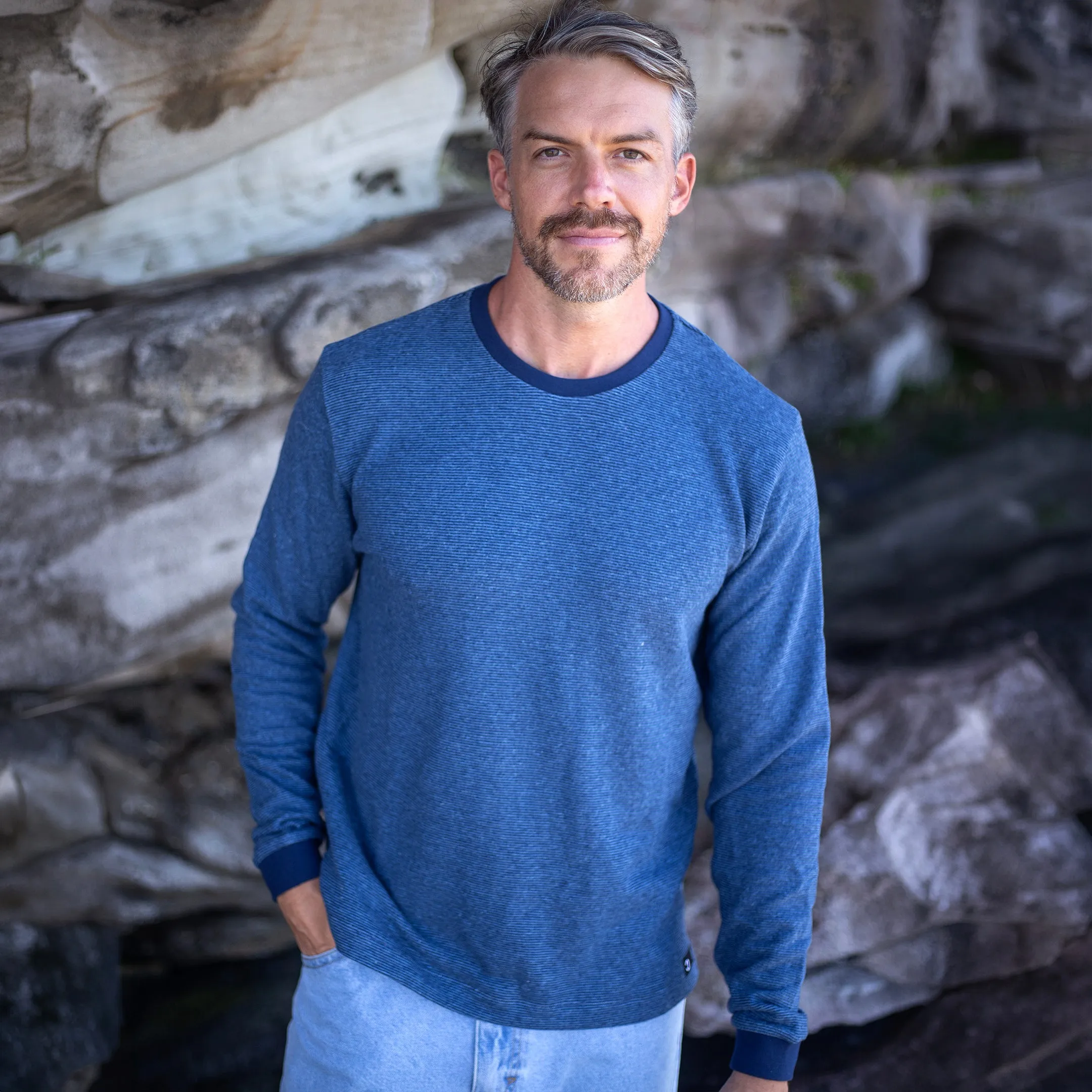 Indigo Pinstripe Hemp Sweatshirt sold by Citizen Wolf