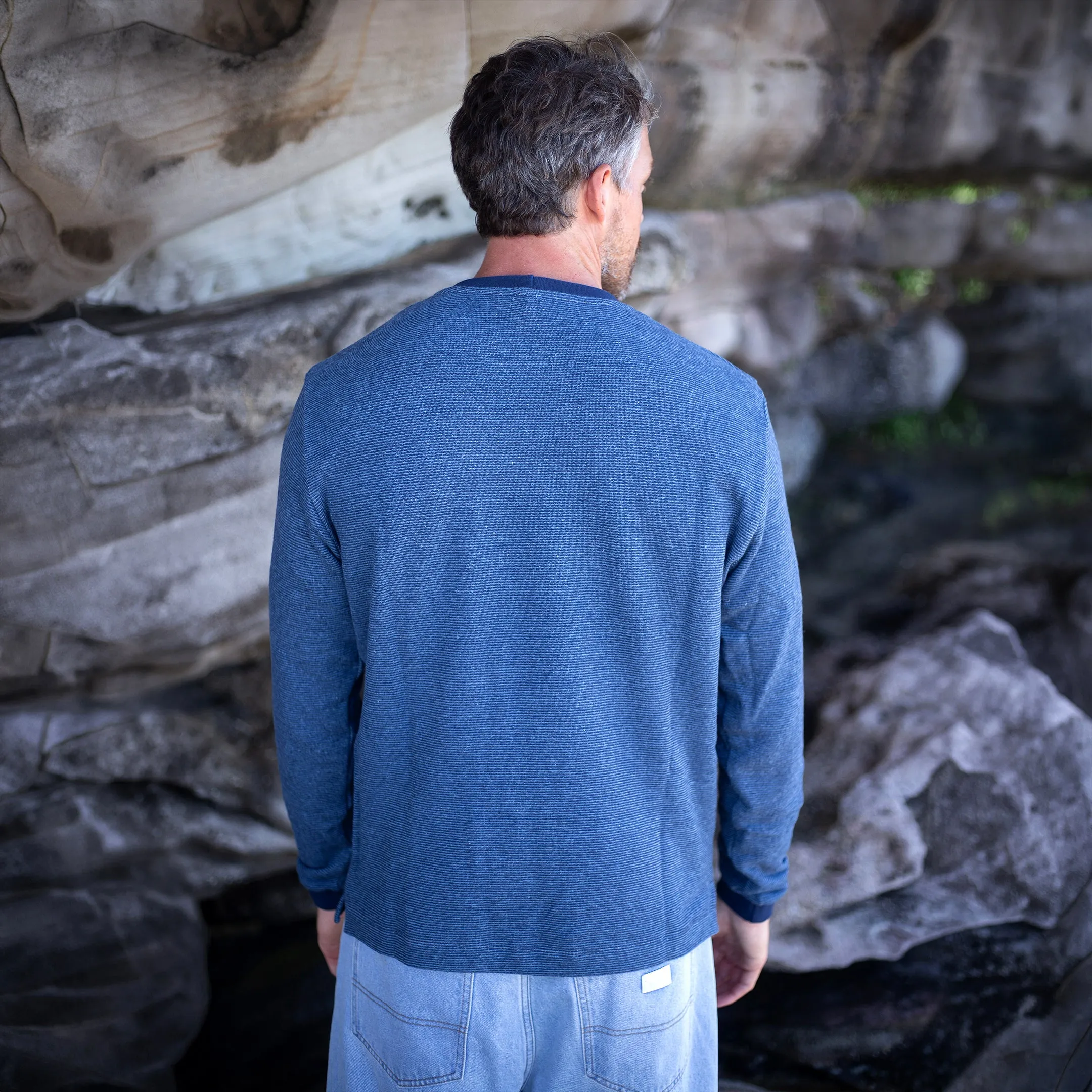 Indigo Pinstripe Hemp Sweatshirt sold by Citizen Wolf product image thumbnail 3