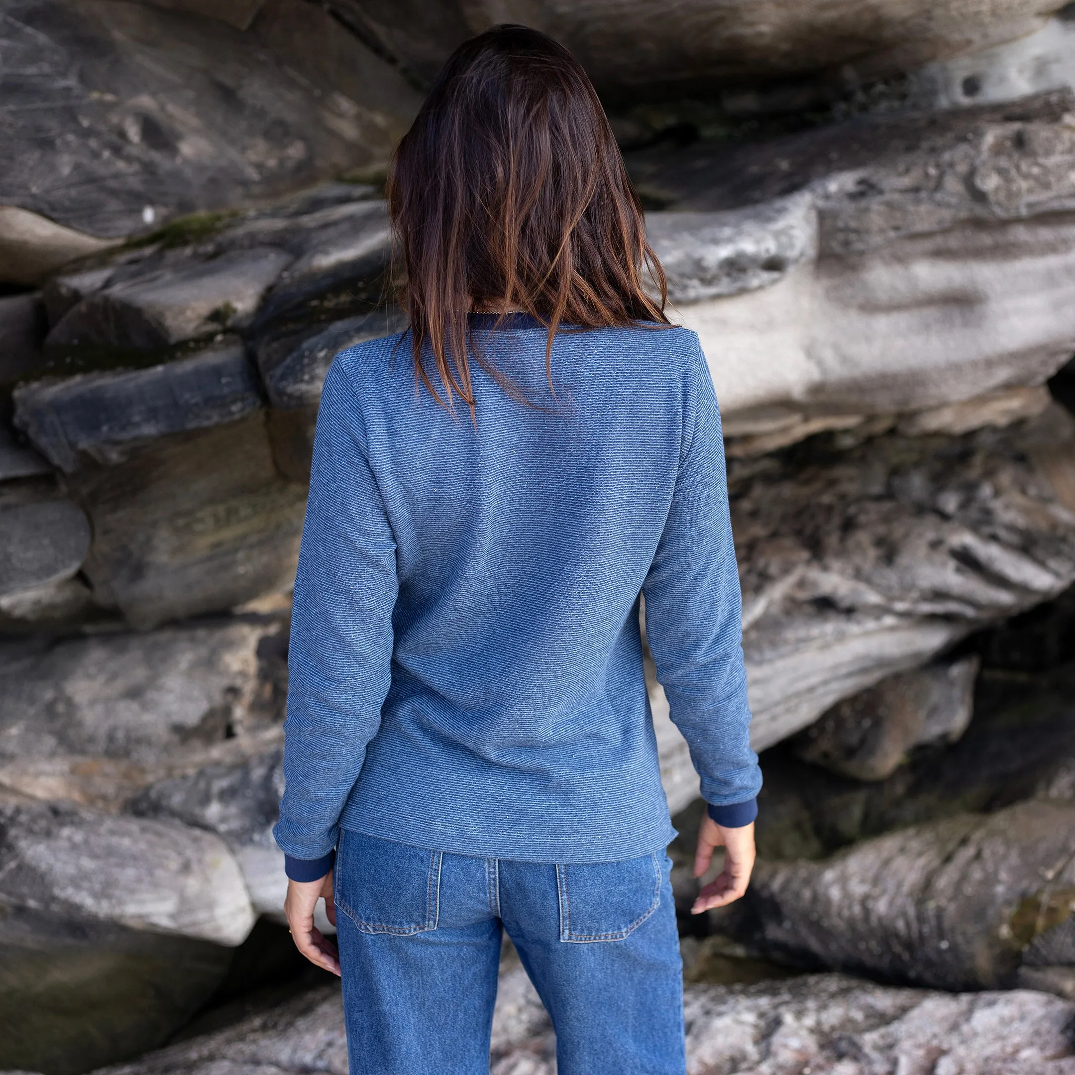 Women's Indigo Pinstripe Hemp Sweatshirt sold by Citizen Wolf product image thumbnail 3