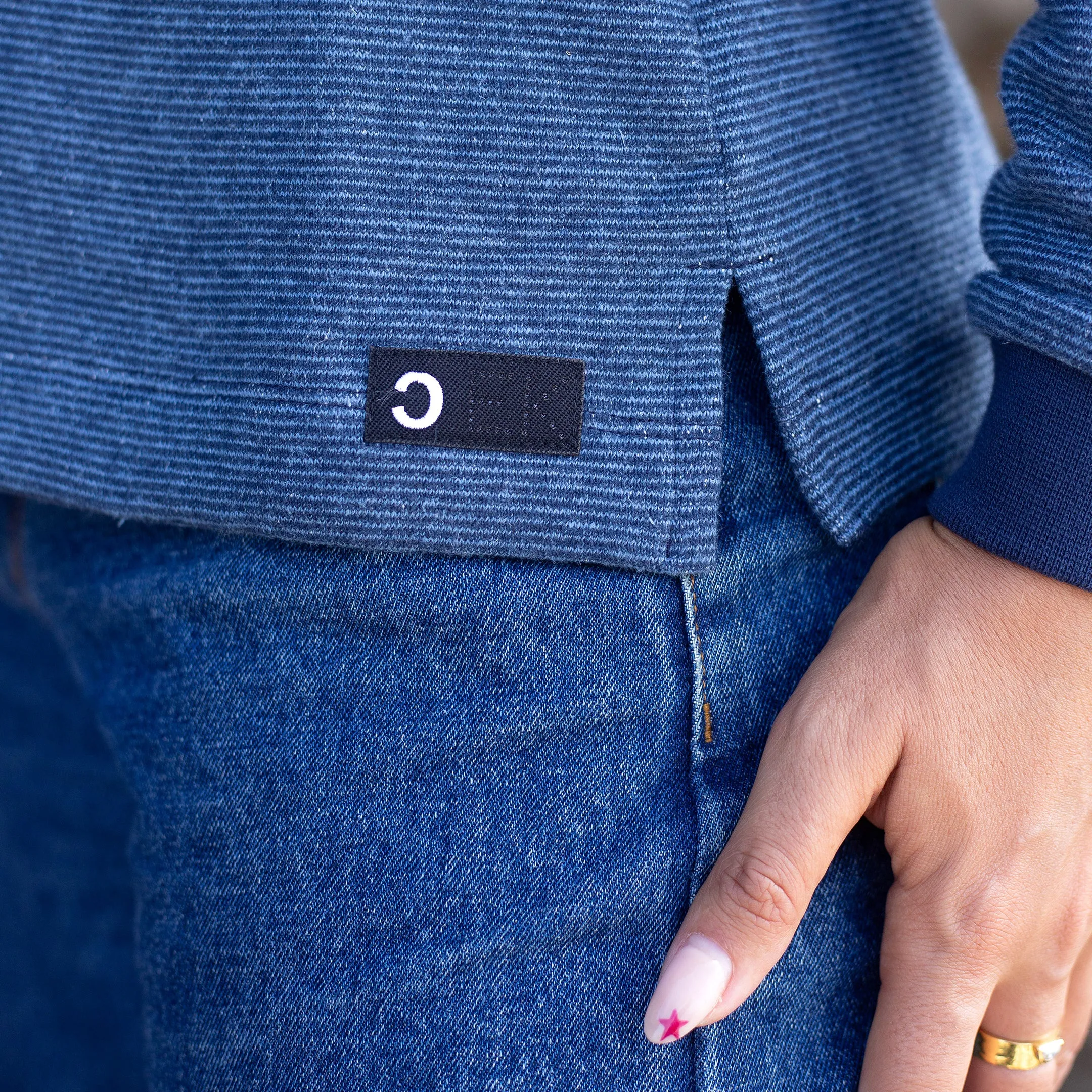 Women's Indigo Pinstripe Hemp Sweatshirt sold by Citizen Wolf product image thumbnail 4