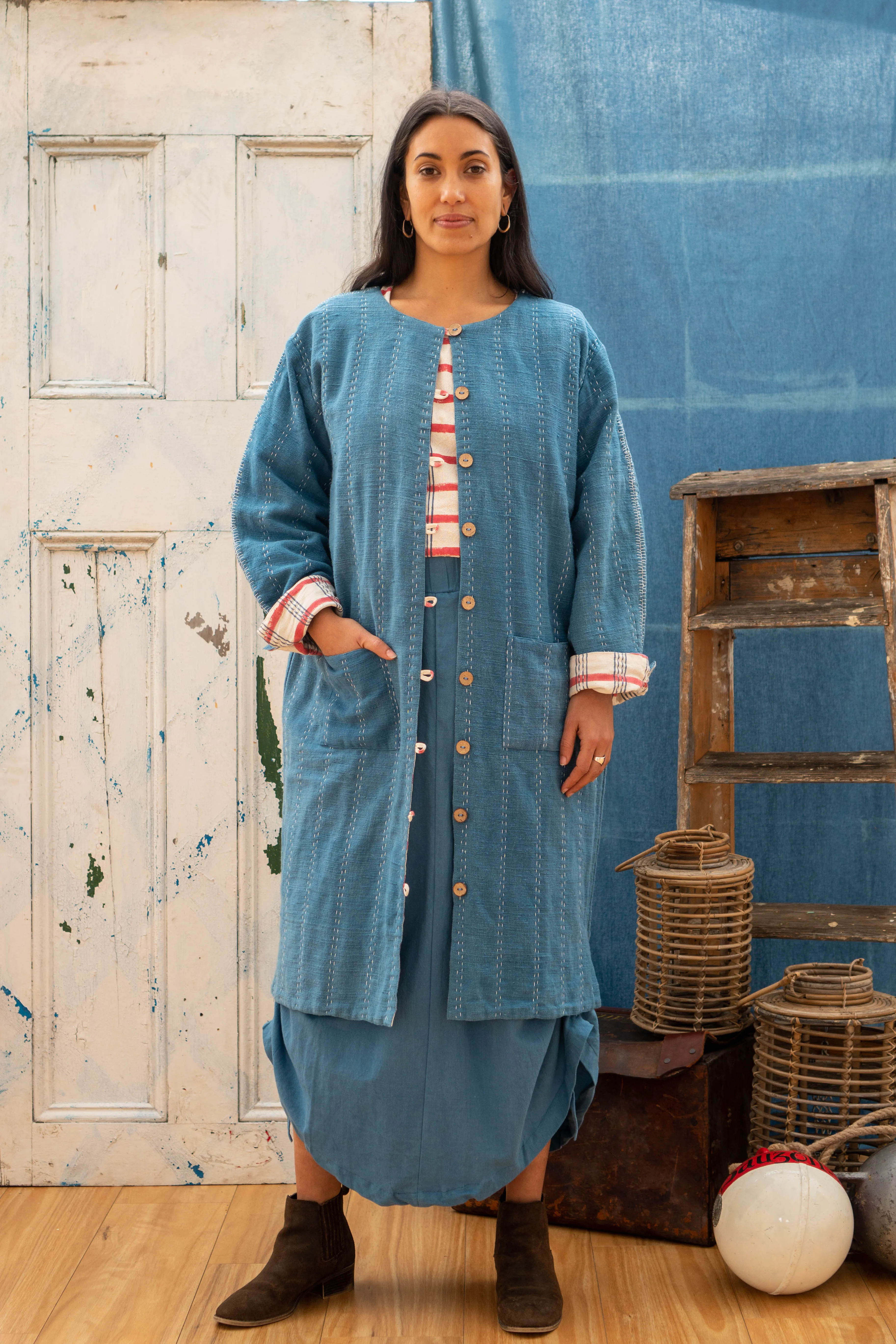 Reversible Coat - Indigo Khadi & Check Mate Blockprint sold by Anjelms