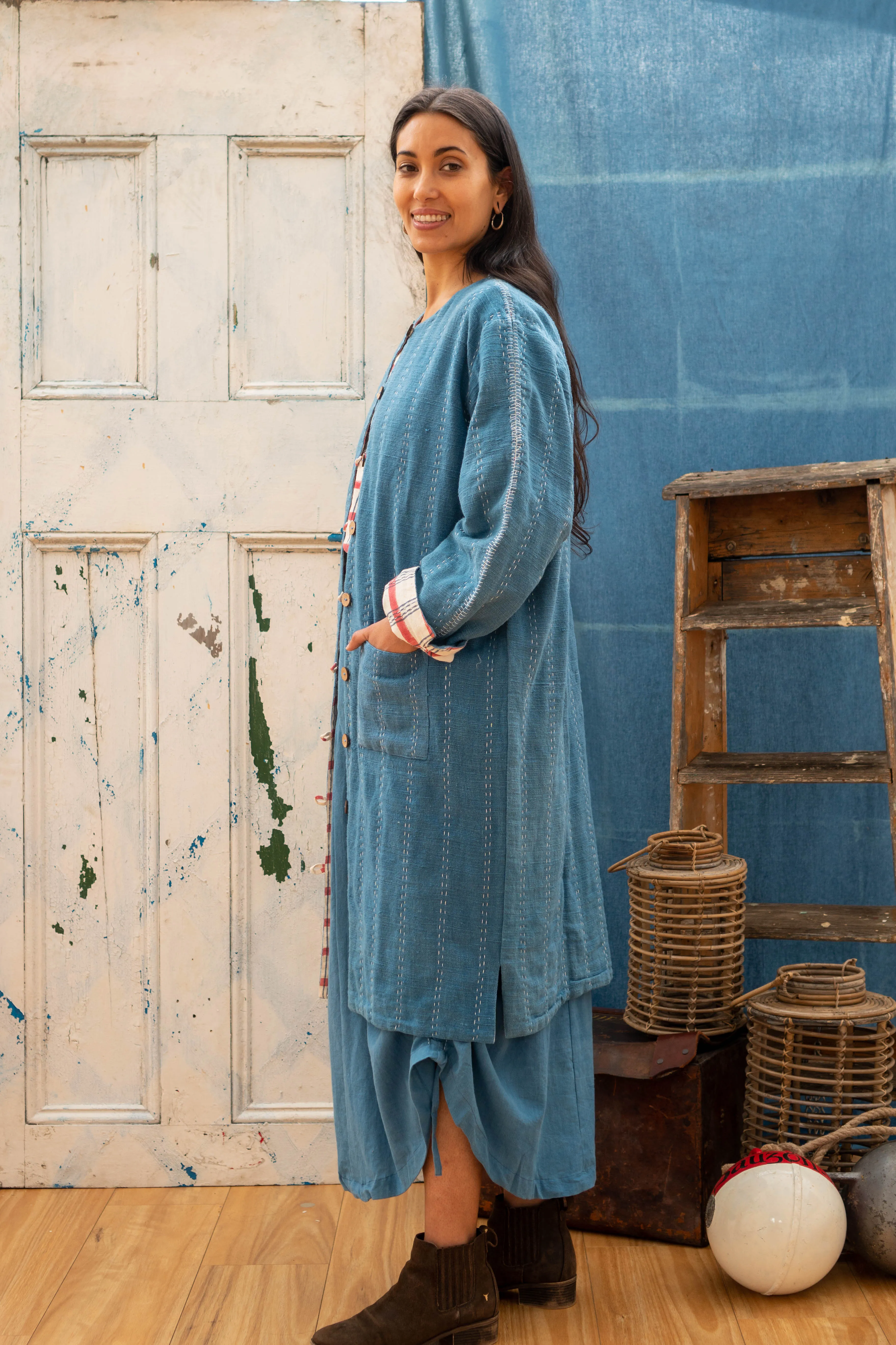 Reversible Coat - Indigo Khadi & Check Mate Blockprint sold by Anjelms product image thumbnail 2