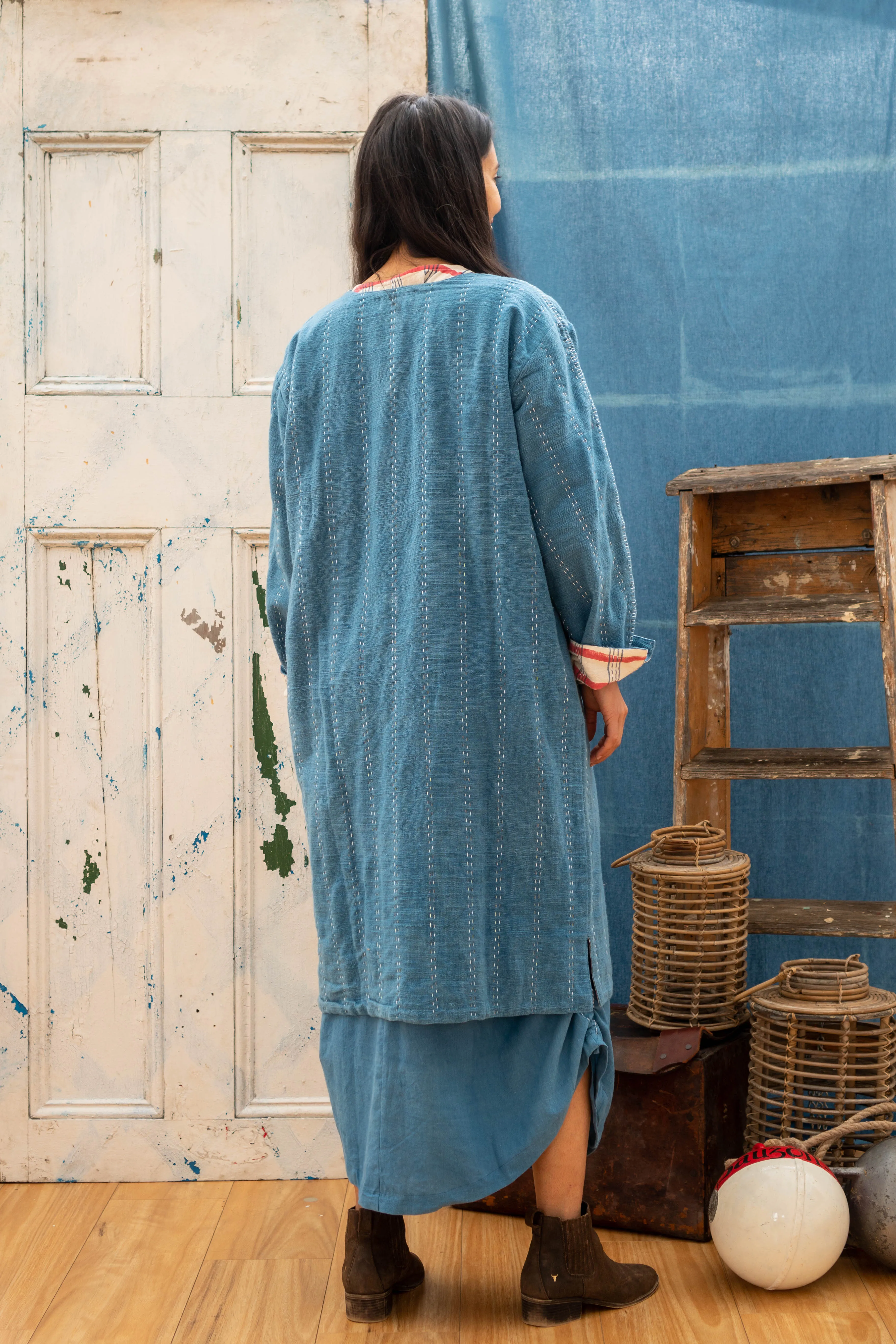 Reversible Coat - Indigo Khadi & Check Mate Blockprint sold by Anjelms product image thumbnail 3