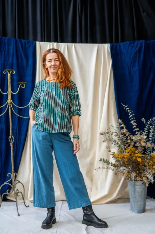 Print Half Sleeve Top – Teal & Black Stripe sold by Anjelms