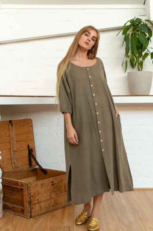 Buttoned Tie Long Dress Pomegranate/Iron sold by Anjelms