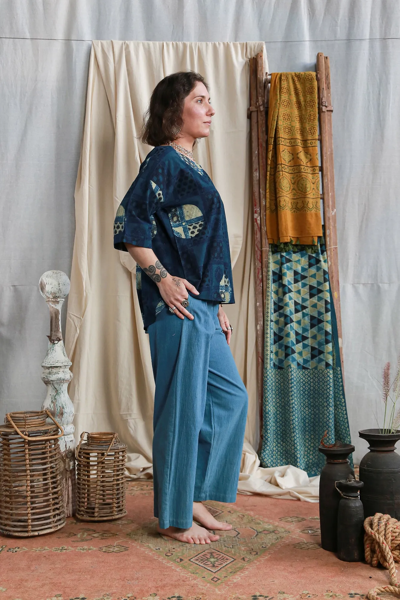 Half Sleeve Ajrakh Indigo Cotton Top sold by Anjelms product image thumbnail 2