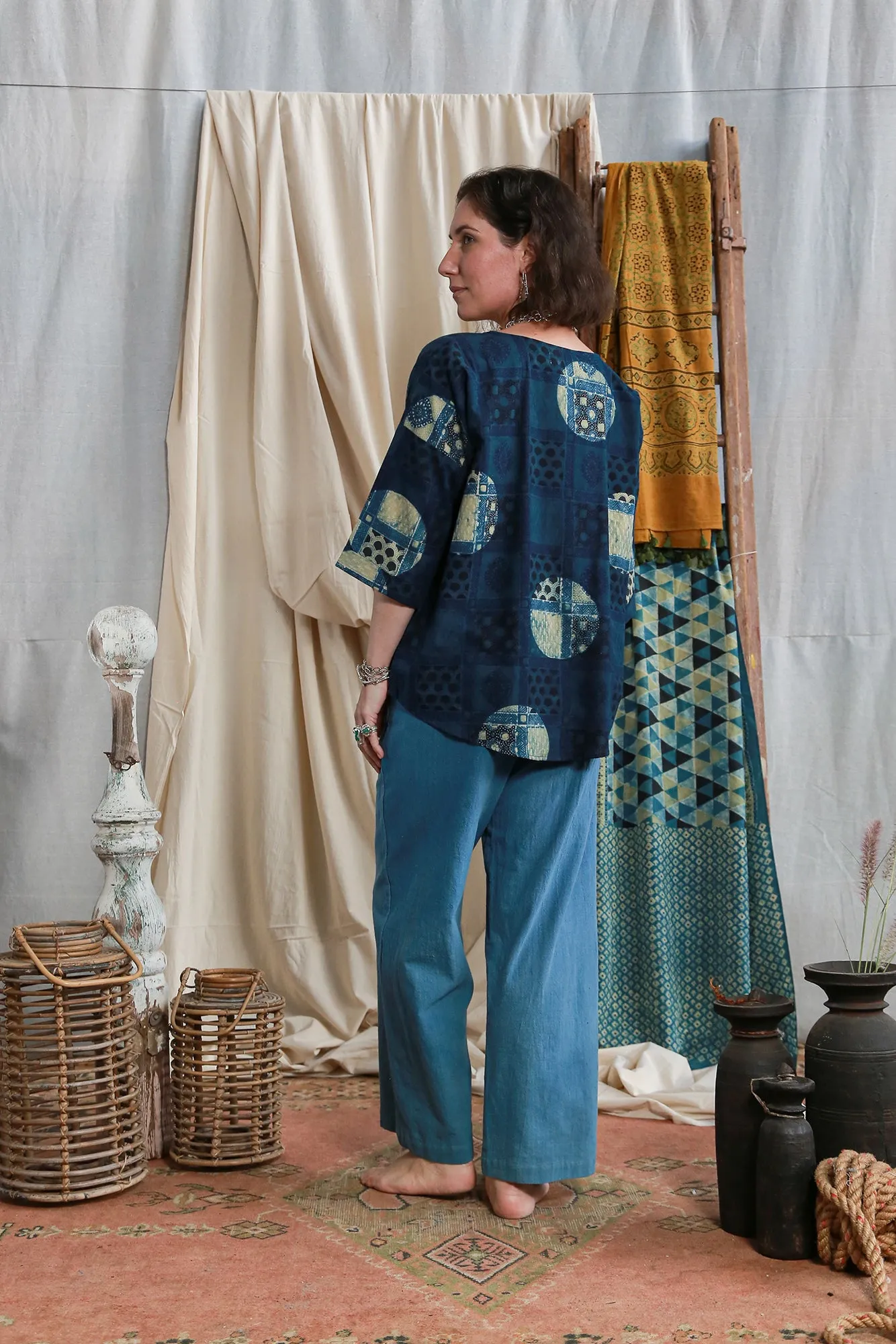 Half Sleeve Ajrakh Indigo Cotton Top sold by Anjelms product image thumbnail 3