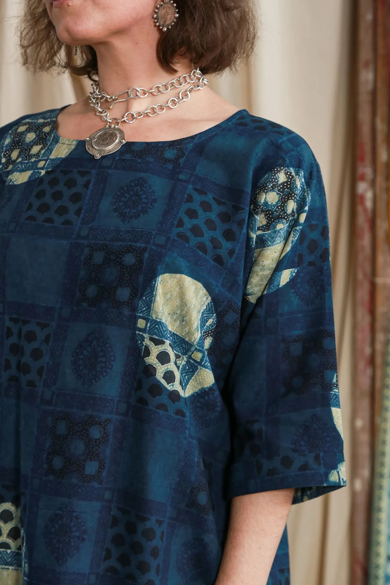 Half Sleeve Ajrakh Indigo Cotton Top sold by Anjelms product image thumbnail 4