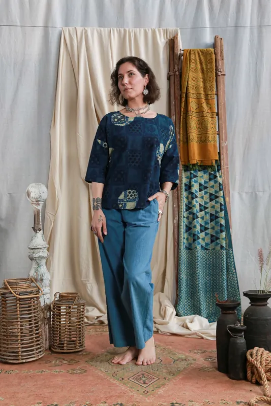 Half Sleeve Ajrakh Indigo Cotton Top sold by Anjelms