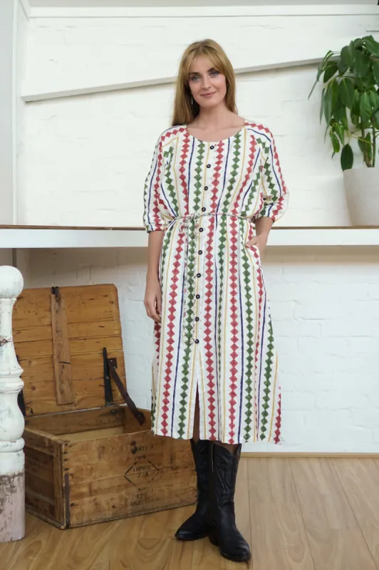 Buttoned Tie Long Dress Diamond Print sold by Anjelms