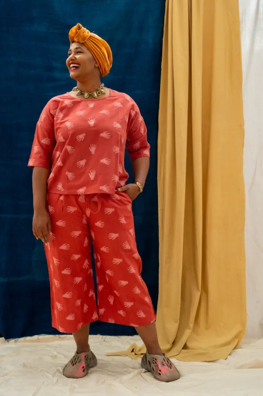 3/4 Tie Pants - Hands Print on Madder sold by Anjelms