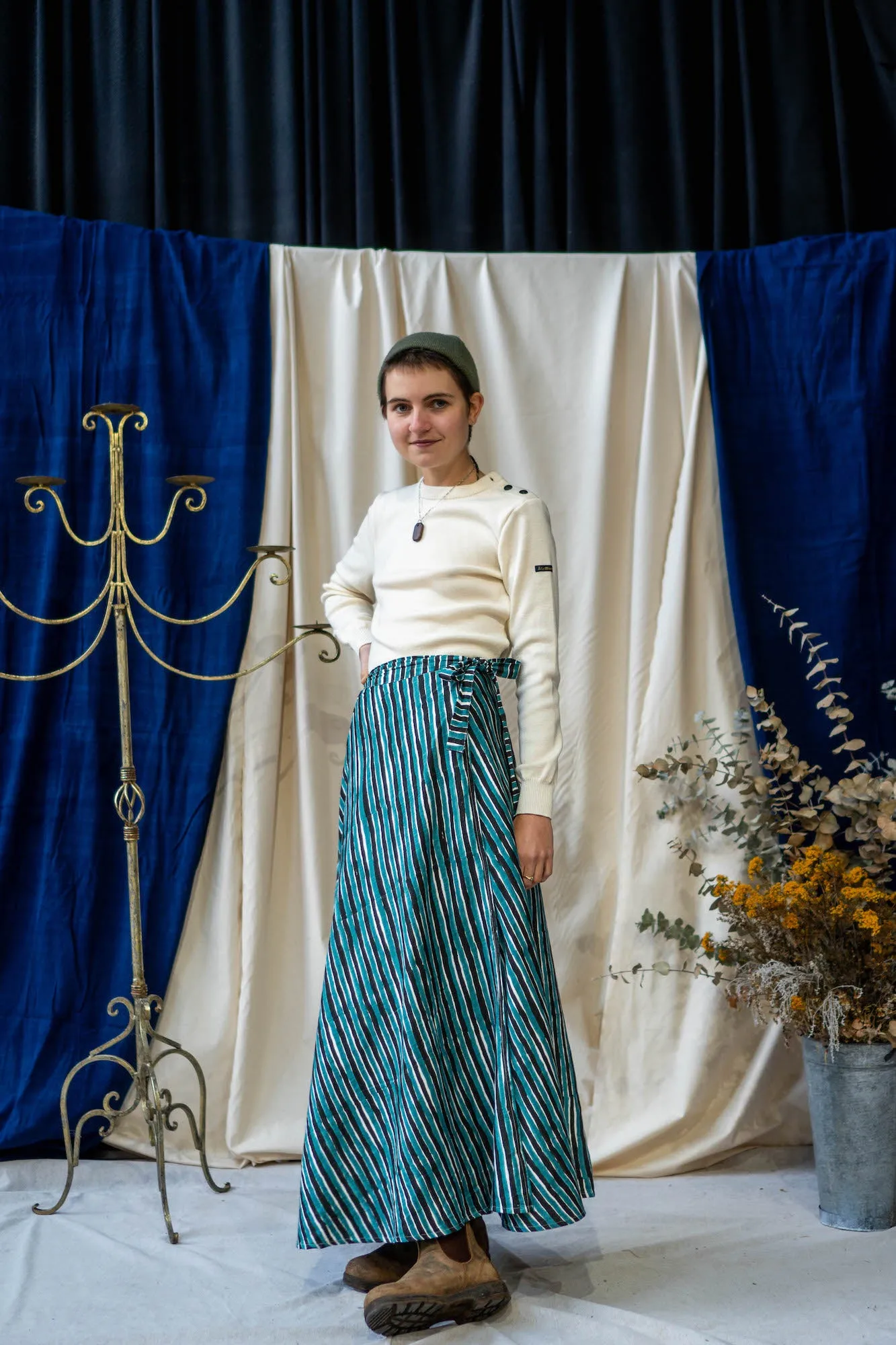 Print Maxi Wrap Skirt – Teal & Black Stripe sold by Anjelms