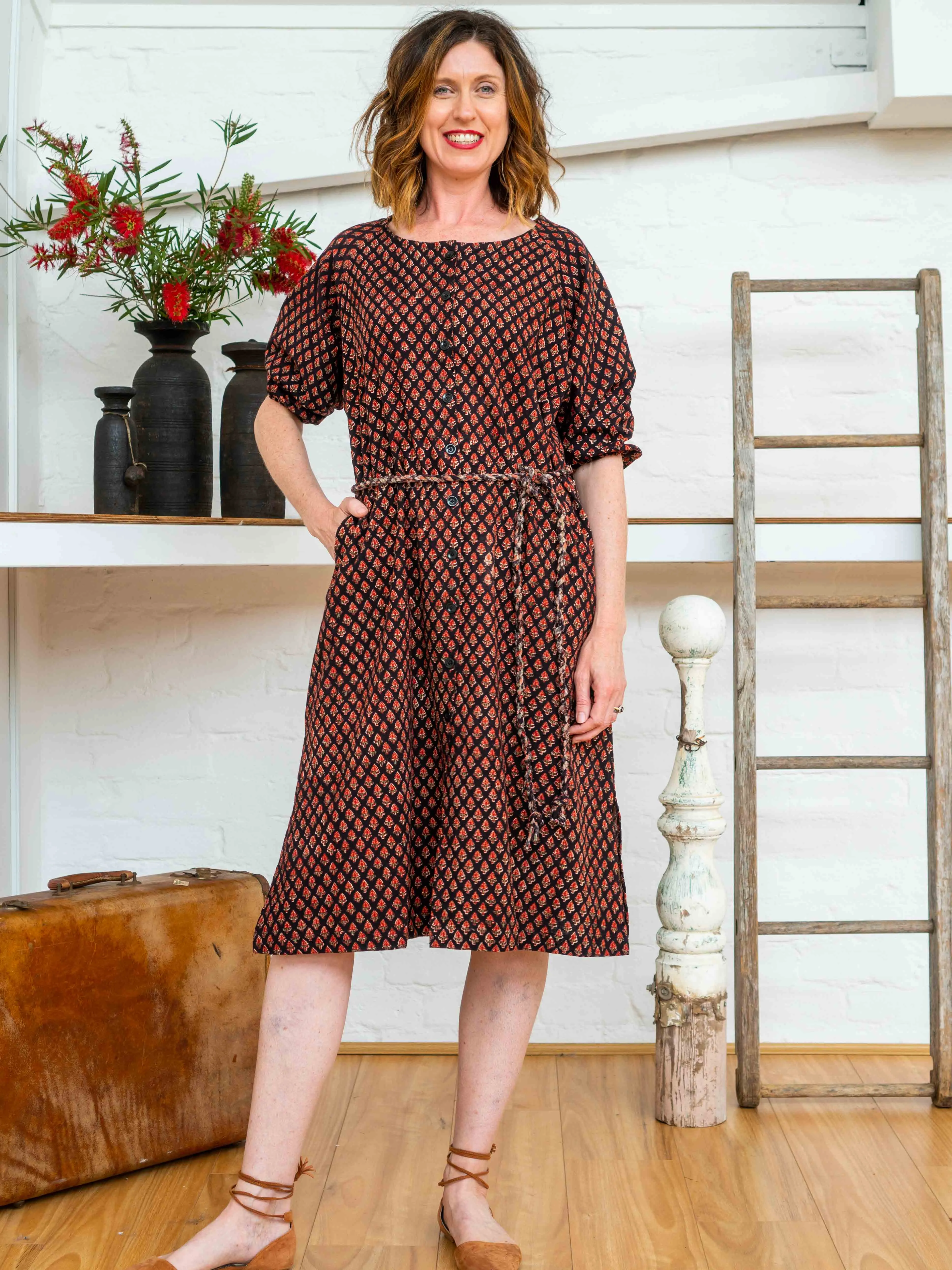 Long Button Tie Dress - Jaipur Floral sold by Anjelms