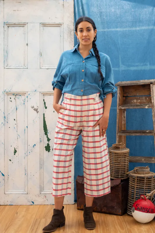 Easy Fit Pants with Button Detail - Check Mate Blockprint sold by Anjelms