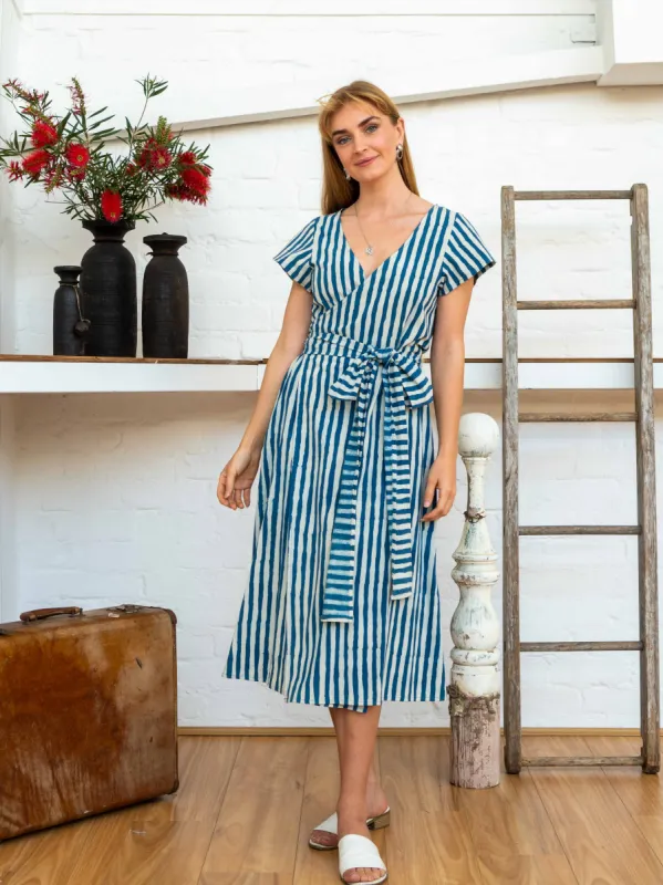 Tie Wrap Dress - Indigo Stripes sold by Anjelms