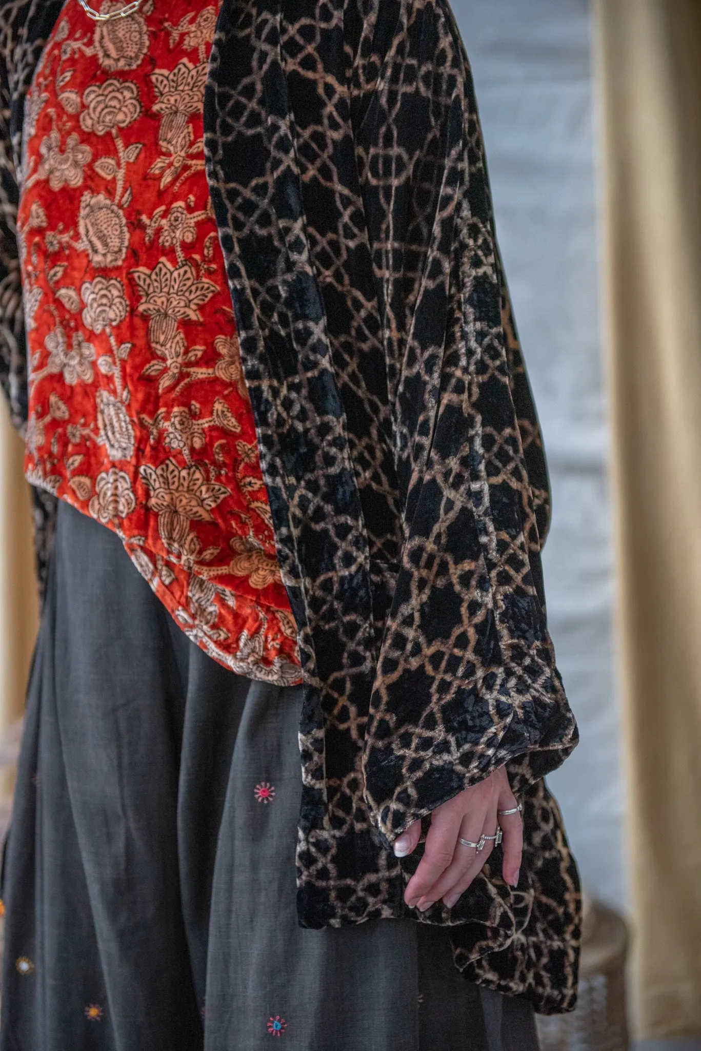 Silk Velvet Kimono Jacket - Black Geometric sold by Anjelms product image thumbnail 3