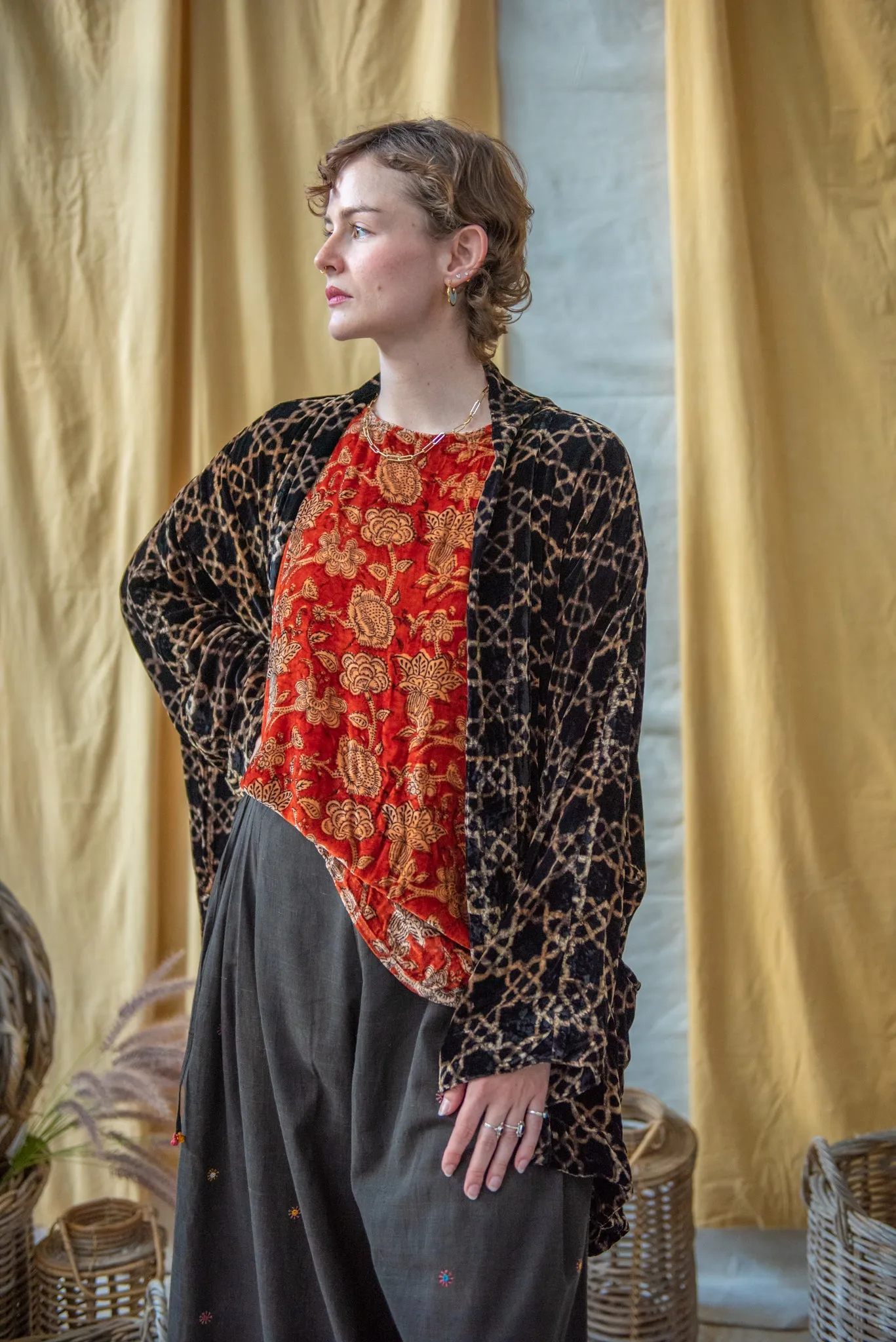 Silk Velvet Kimono Jacket - Black Geometric sold by Anjelms product image thumbnail 2