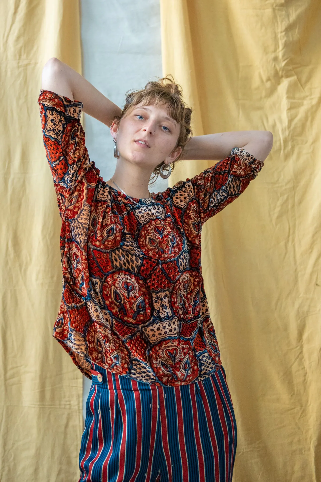 Half Sleeve Ajrakh Silk Velvet Top Red Indigo and Natural Leaves sold by Anjelms product image thumbnail 5