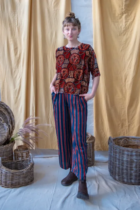 Half Sleeve Ajrakh Silk Velvet Top Red Indigo and Natural Leaves sold by Anjelms
