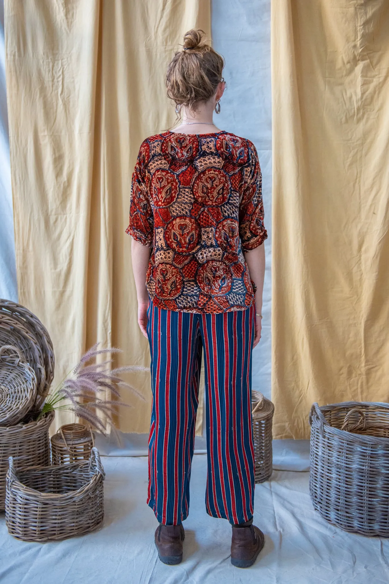 Half Sleeve Ajrakh Silk Velvet Top Red Indigo and Natural Leaves sold by Anjelms product image thumbnail 3
