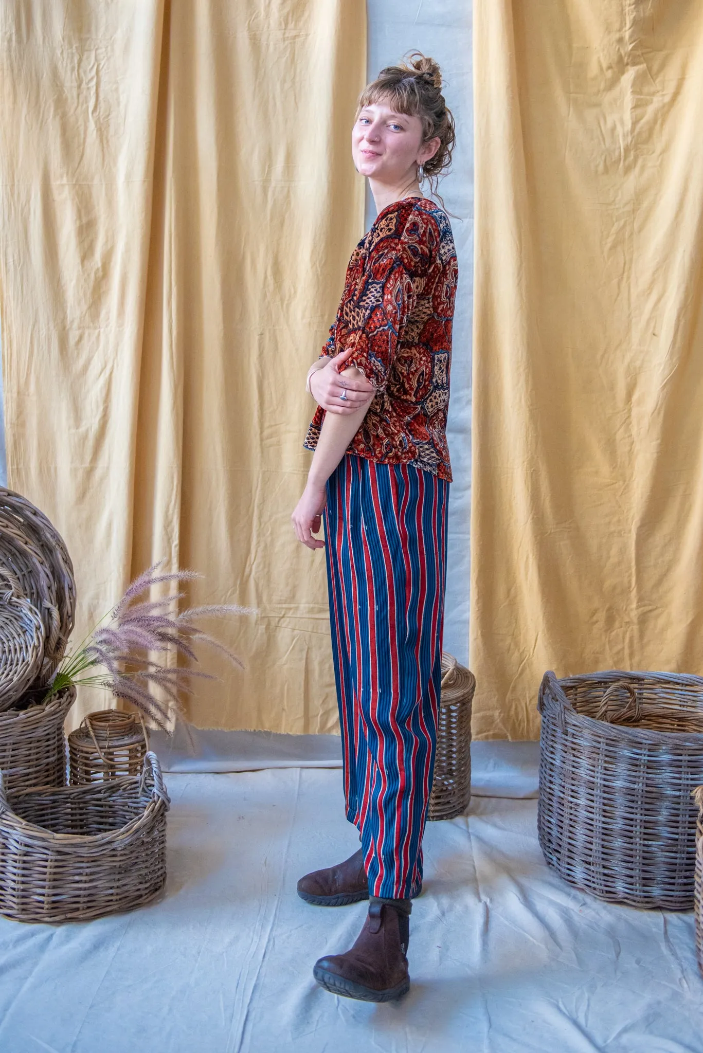 Half Sleeve Ajrakh Silk Velvet Top Red Indigo and Natural Leaves sold by Anjelms product image thumbnail 2