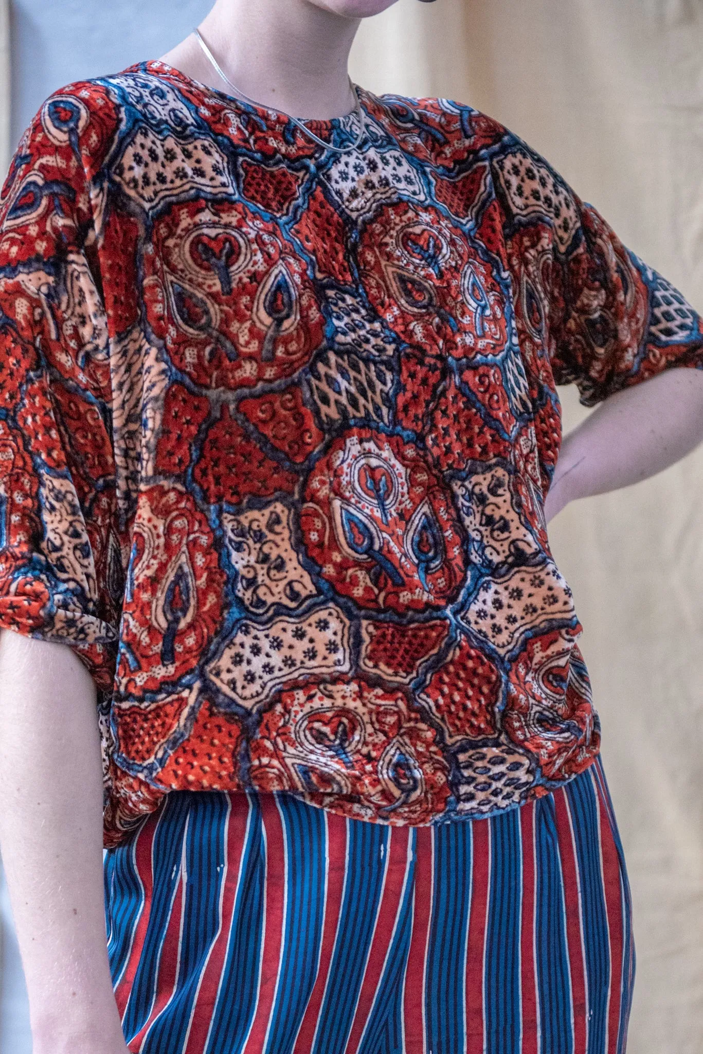 Half Sleeve Ajrakh Silk Velvet Top Red Indigo and Natural Leaves sold by Anjelms product image thumbnail 4