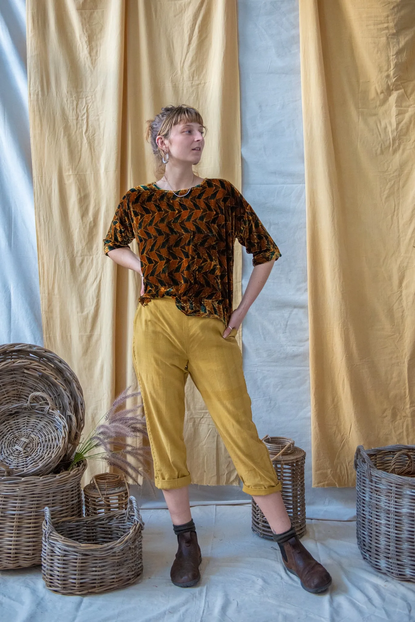 Half Sleeve Ajrakh Silk Velvet Top Gold Diamond sold by Anjelms