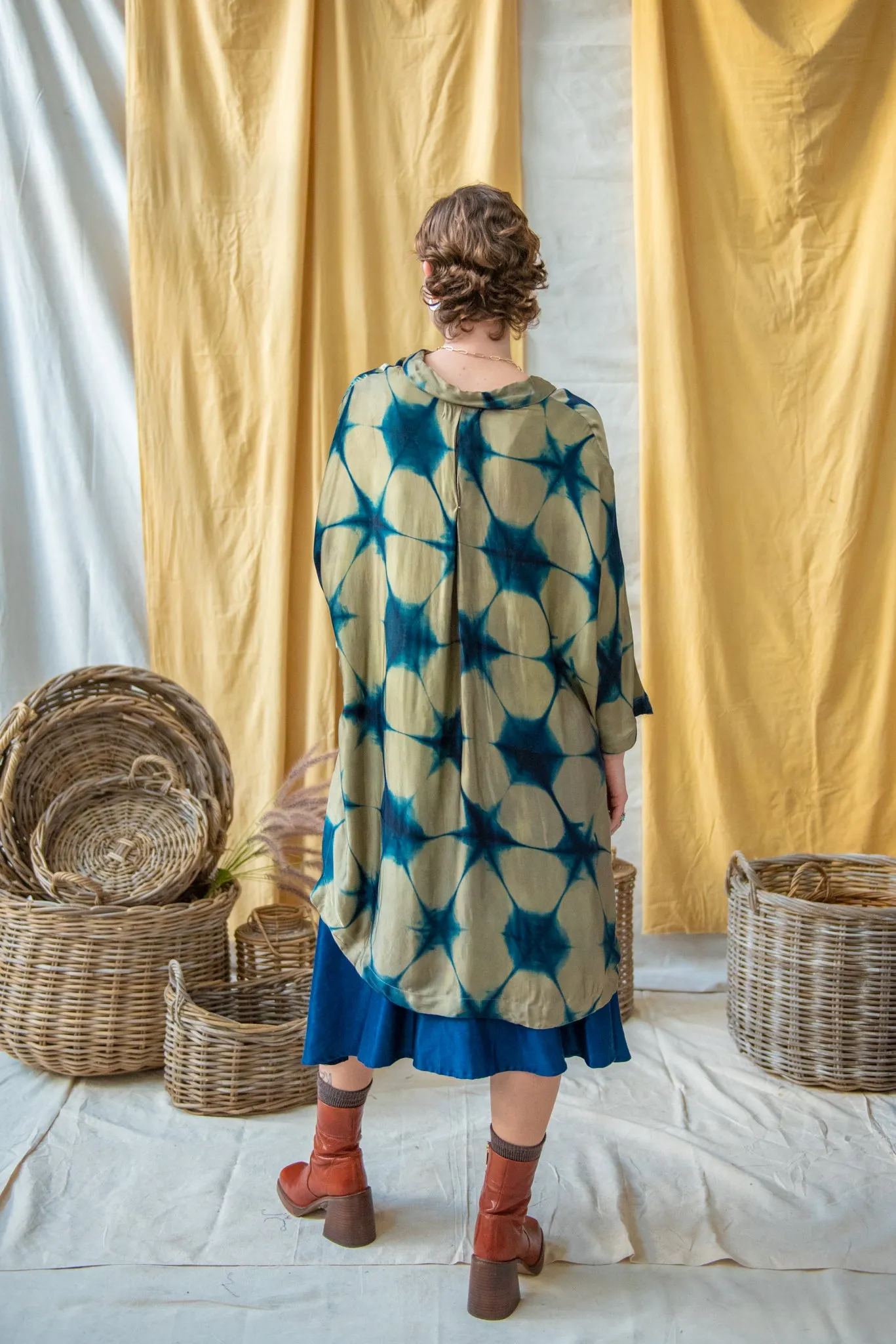 Ajrakh Clamp Dyed Modal Silk Oversized Shirt Teal and Sage Clamp Dye sold by Anjelms product image thumbnail 4