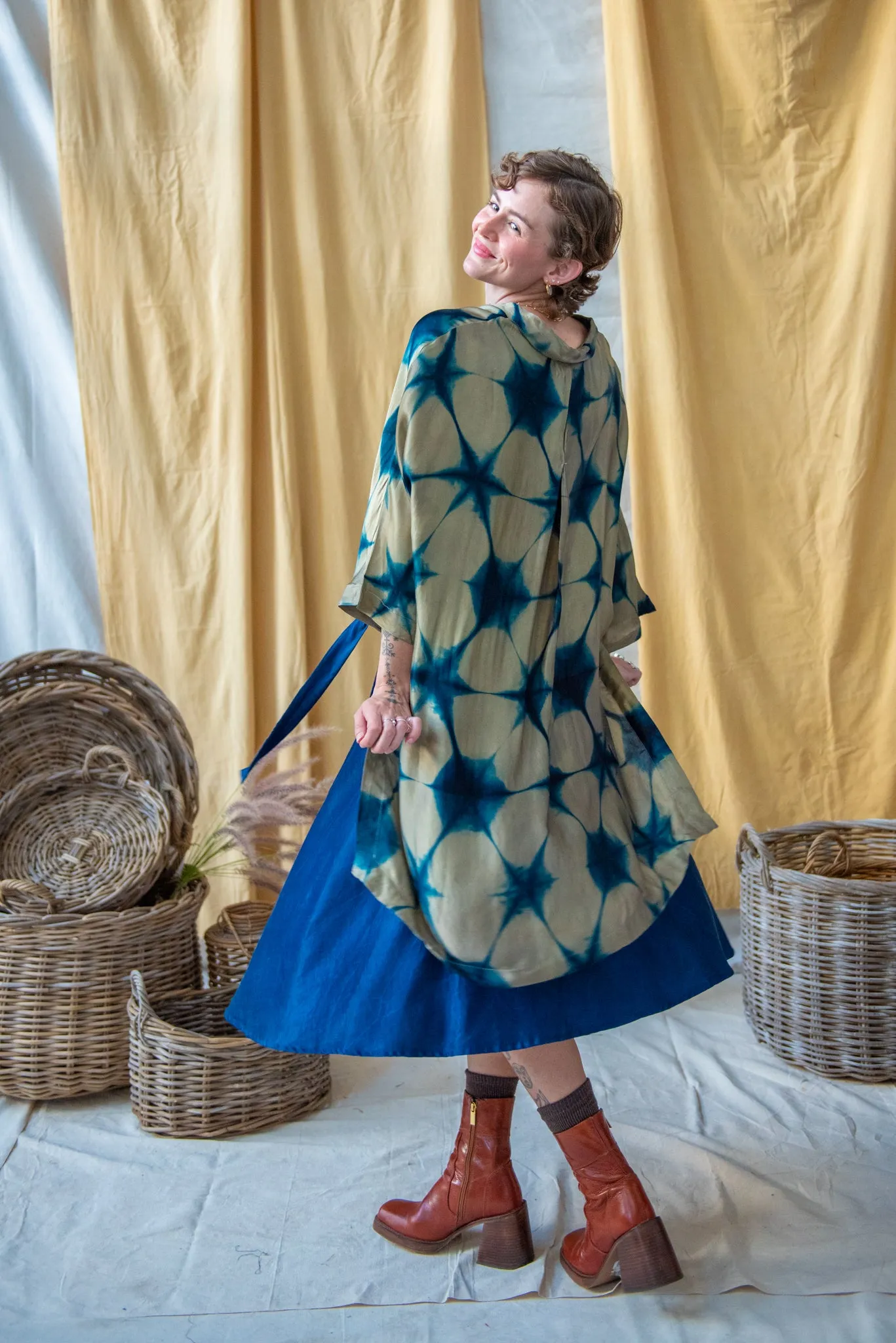 Ajrakh Clamp Dyed Modal Silk Oversized Shirt Teal and Sage Clamp Dye sold by Anjelms product image thumbnail 2