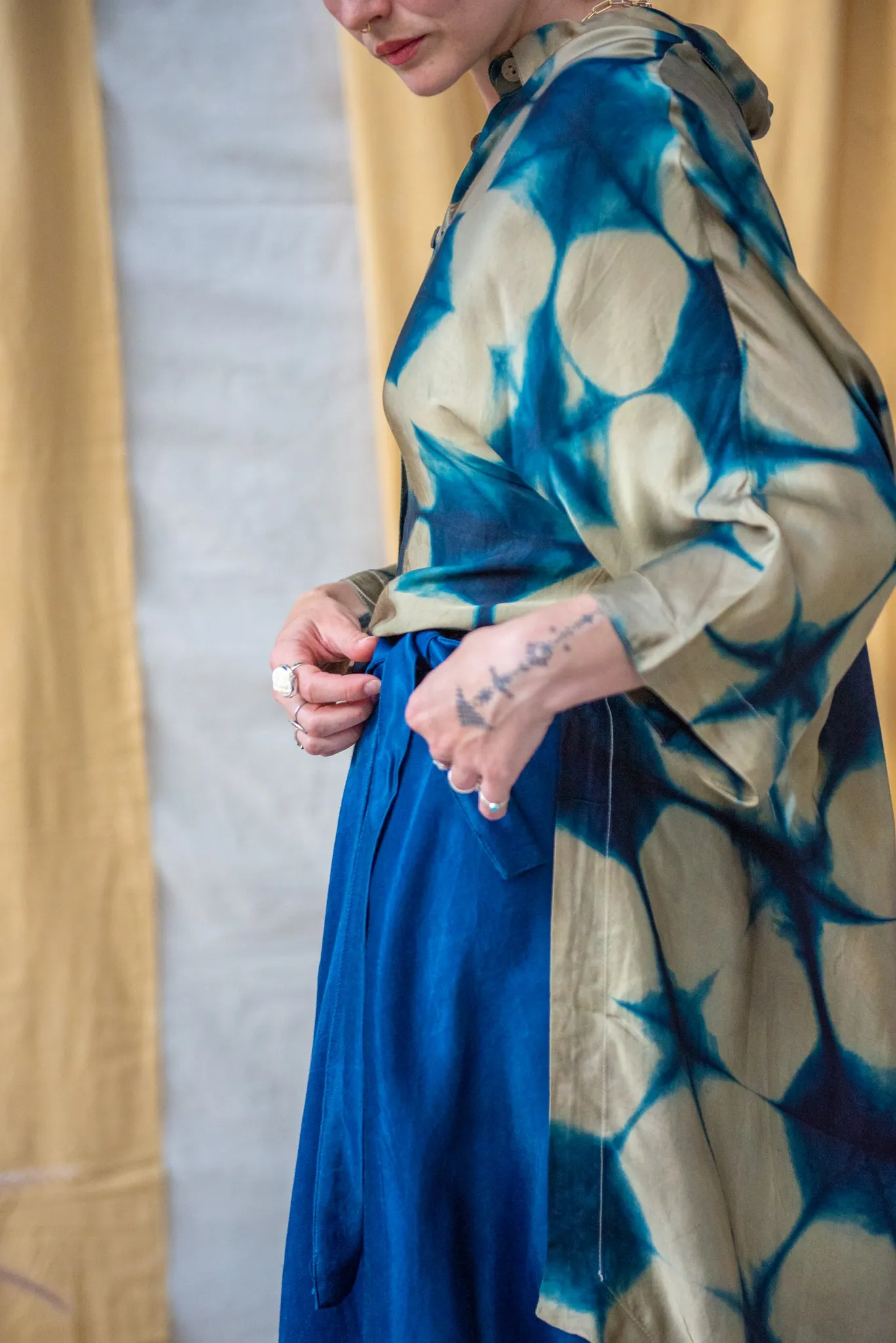 Ajrakh Clamp Dyed Modal Silk Oversized Shirt Teal and Sage Clamp Dye sold by Anjelms product image thumbnail 5