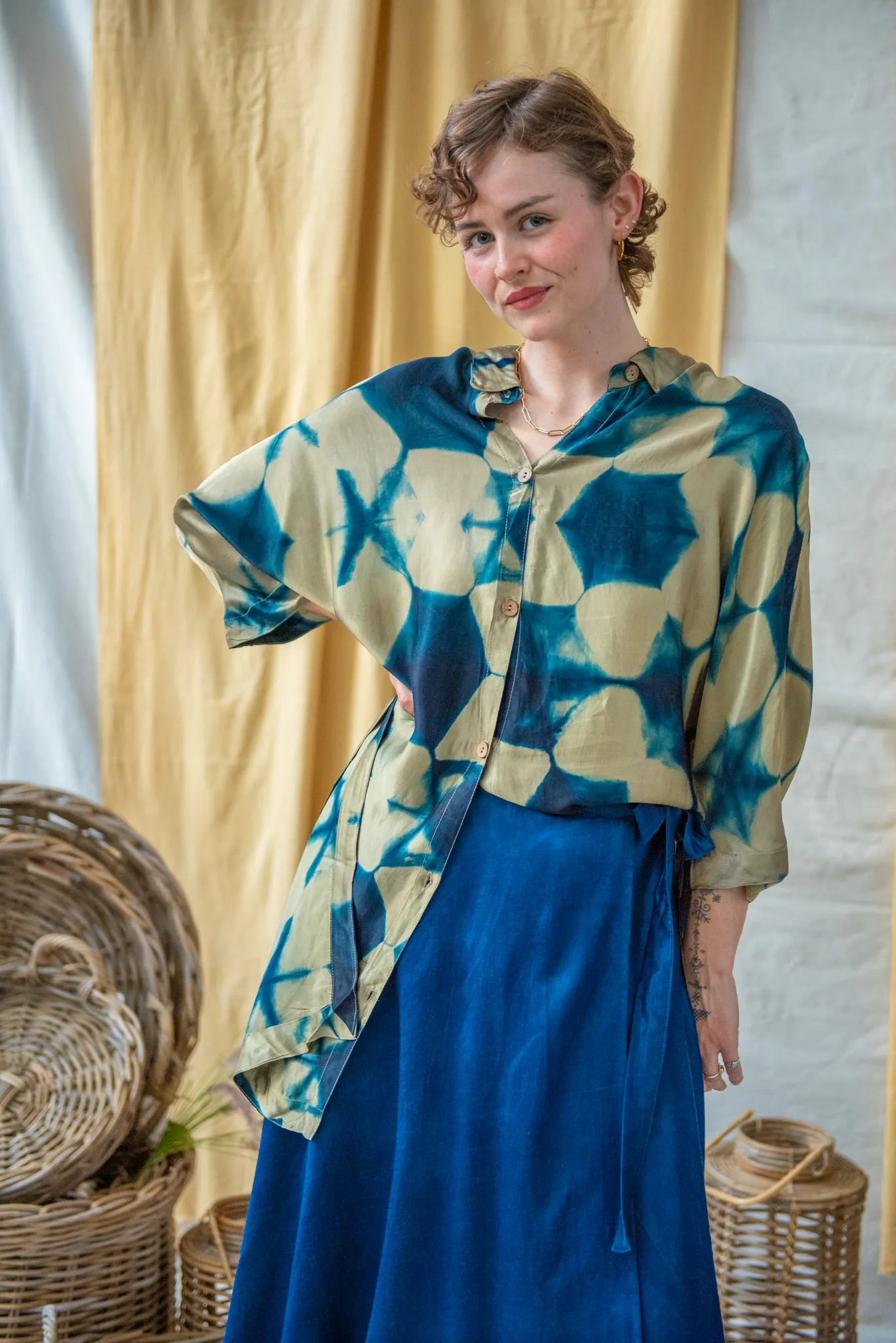 Ajrakh Clamp Dyed Modal Silk Oversized Shirt Teal and Sage Clamp Dye sold by Anjelms product image thumbnail 3