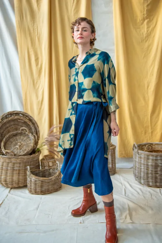 Ajrakh Clamp Dyed Modal Silk Oversized Shirt Teal and Sage Clamp Dye sold by Anjelms