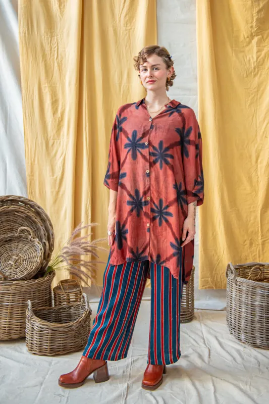 Ajrakh Clamp Dyed Modal Silk Oversized Shirt Indigo Flower on Blush sold by Anjelms