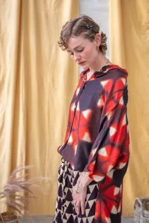 Ajrakh Clamp Dyed Modal Silk Oversized Shirt Fire Red on Black Natural sold by Anjelms