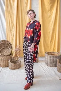 Ajrakh Clamp Dyed Modal Silk Oversized Shirt Fire Red on Black Natural sold by Anjelms product image thumbnail 2