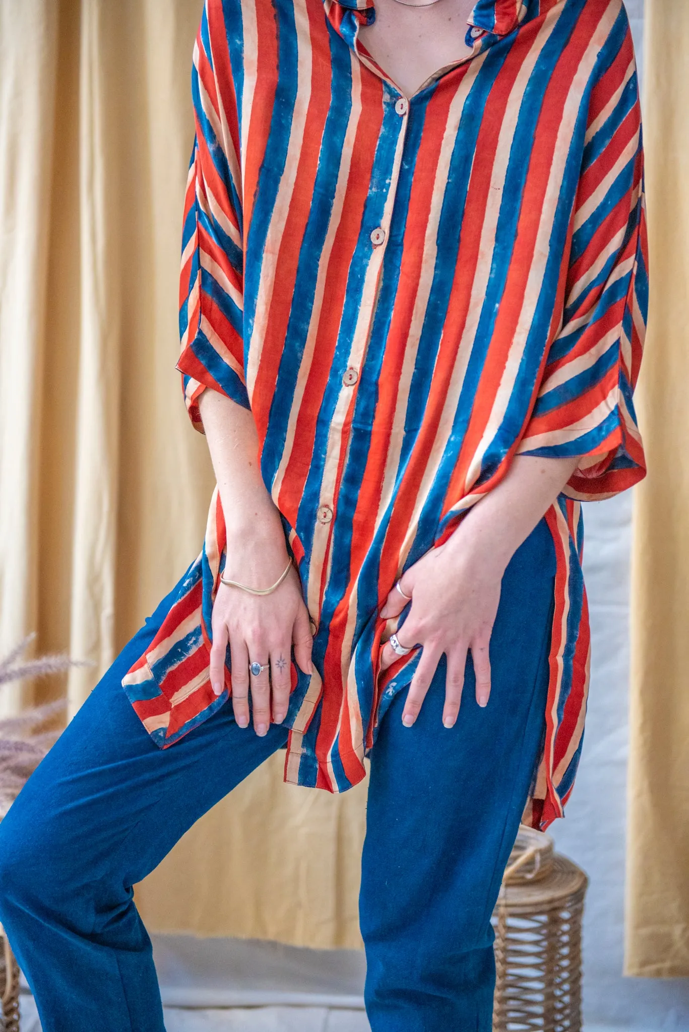 Ajrakh Clamp Dyed Modal Silk Oversized Shirt French Stripe sold by Anjelms product image thumbnail 4